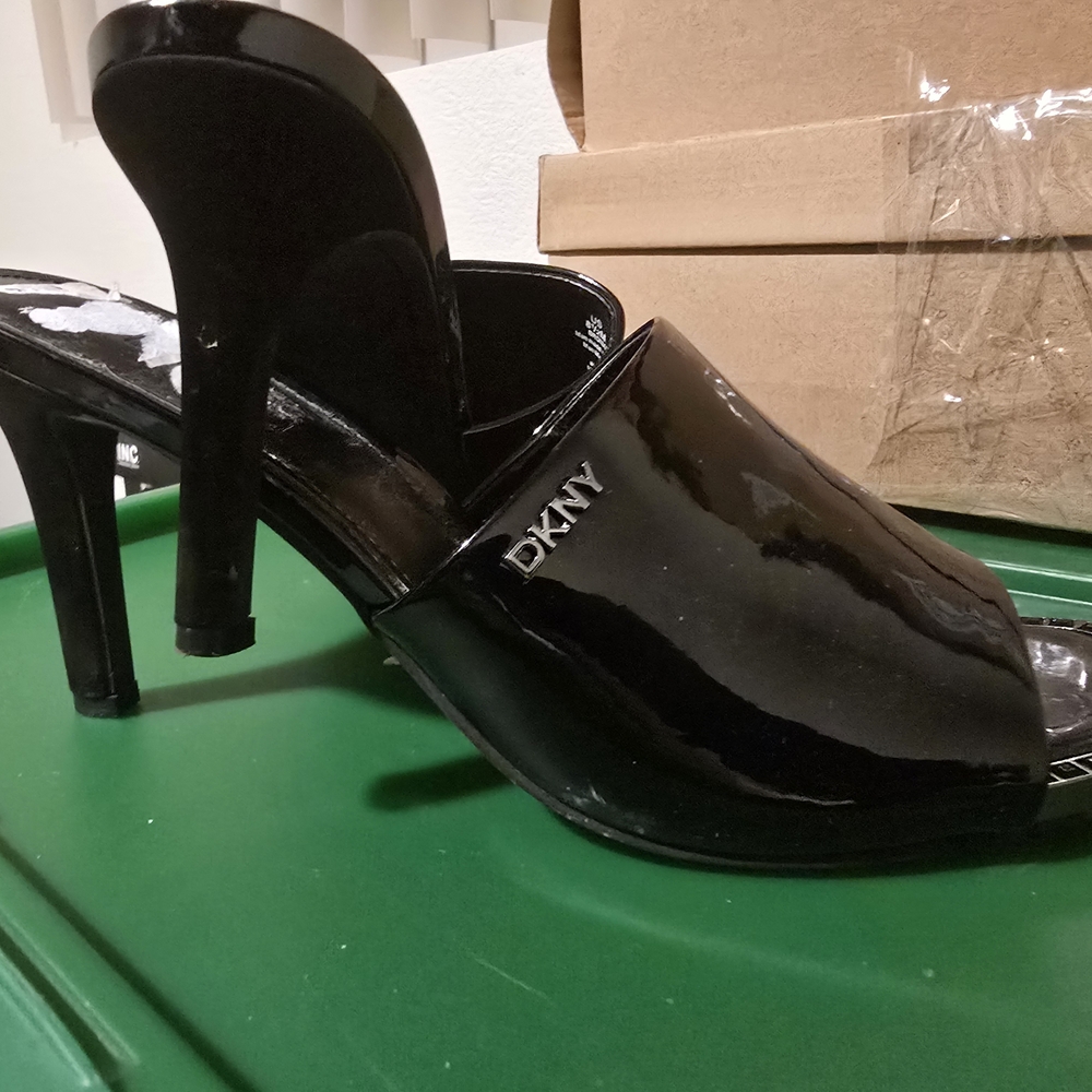 DKNY Glossy Black Heeled Mules